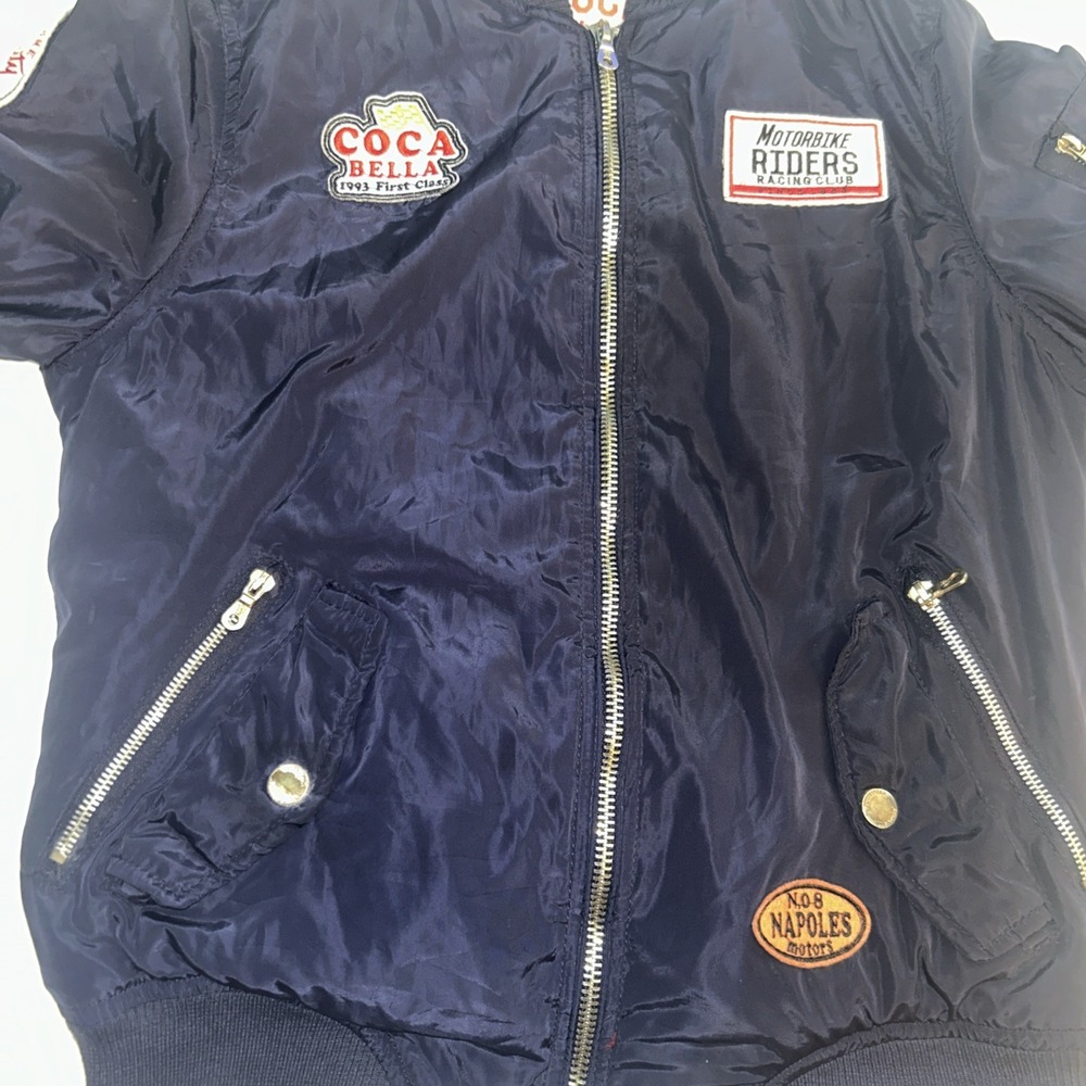 Coca Bella Moto Racing‎ Bomber Jacket – Navy Satin Patch Streetwear Y2K Style - Picture 12 of 12